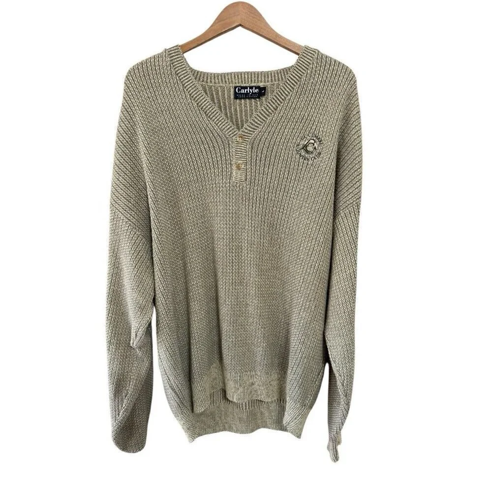 Carlyle Sweater Men's Large Green Cotton Ribbed Chunky Pullover USA La Cumbre